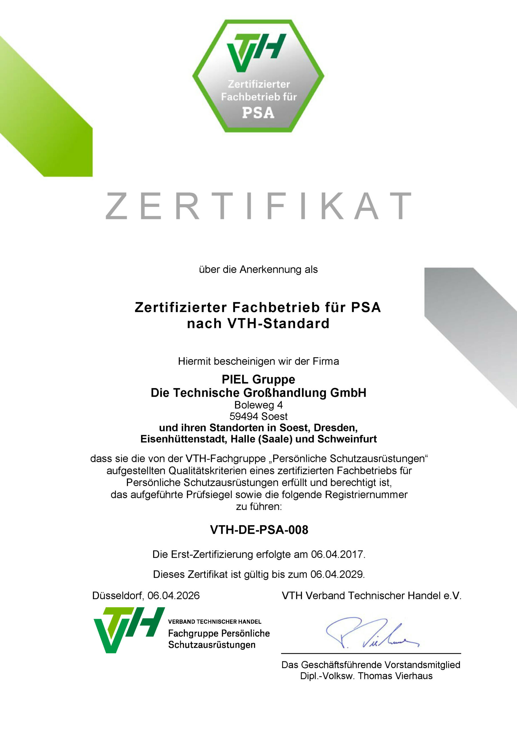 Zertifikat: PIEL-Gruppe ist Zertifizierter Fachbetrieb für PSA nach VTH Standard